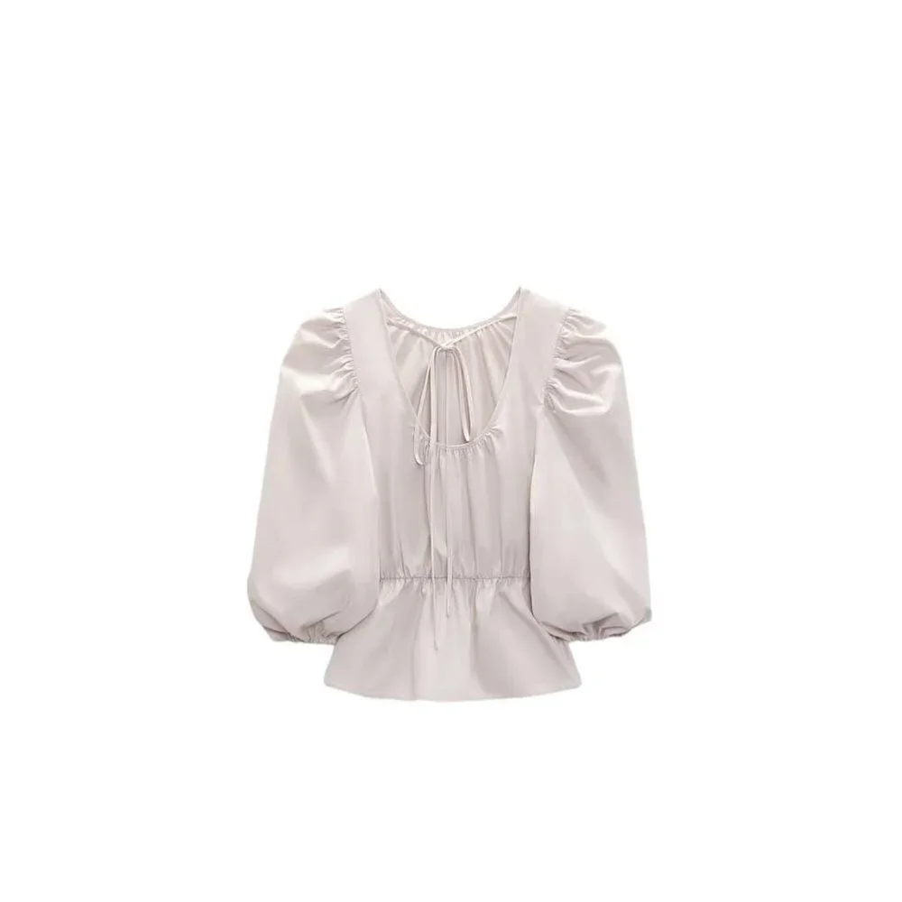 ZARA TOP WITH PUFF SLEEVES GREY / BEIGE SIZE S | 3136/545
